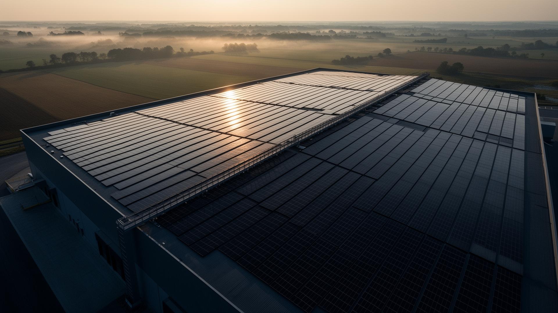 Centrale photovoltaïque sur toiture logistique — vue aérienne à l'aube